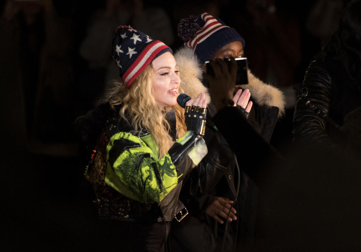 NEW YORK, NY - NOVEMBER 07:  Madonna holds a rally in NYC to support Hillary Clinton at Washington Square Park on November 7, 2016 in New York City.  (Photo by Noam Galai/Getty Images)