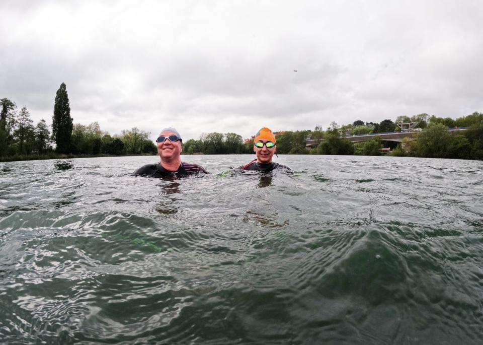 Two women swimming 