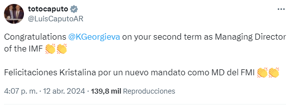 En la previa de la cumbre del FMI, Caputo felicitó a Kristalina Georgieva por su reelección