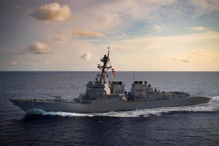 The Arleigh Burke-class guided-missile destroyer USS Preble (DDG 88) transits the Indian Ocean March 29, 2018. Picture taken March 29, 2018. U.S. Navy photo by Mass Communication Specialist 3rd Class Morgan K. Nall/Handout via REUTERS