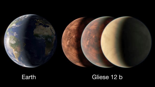 An illustration with different interpretations of Gliese-12b compared to Earth, from a bare rock, to a thick, Venus-like atmosphere. (<a href="https://www.eurekalert.org/multimedia/1027697" rel="nofollow noopener" target="_blank" data-ylk="slk:NASA/JPL-Caltech/R. Hurt, Caltech-IPAC;elm:context_link;itc:0;sec:content-canvas" class="link ">NASA/JPL-Caltech/R. Hurt, Caltech-IPAC</a>)