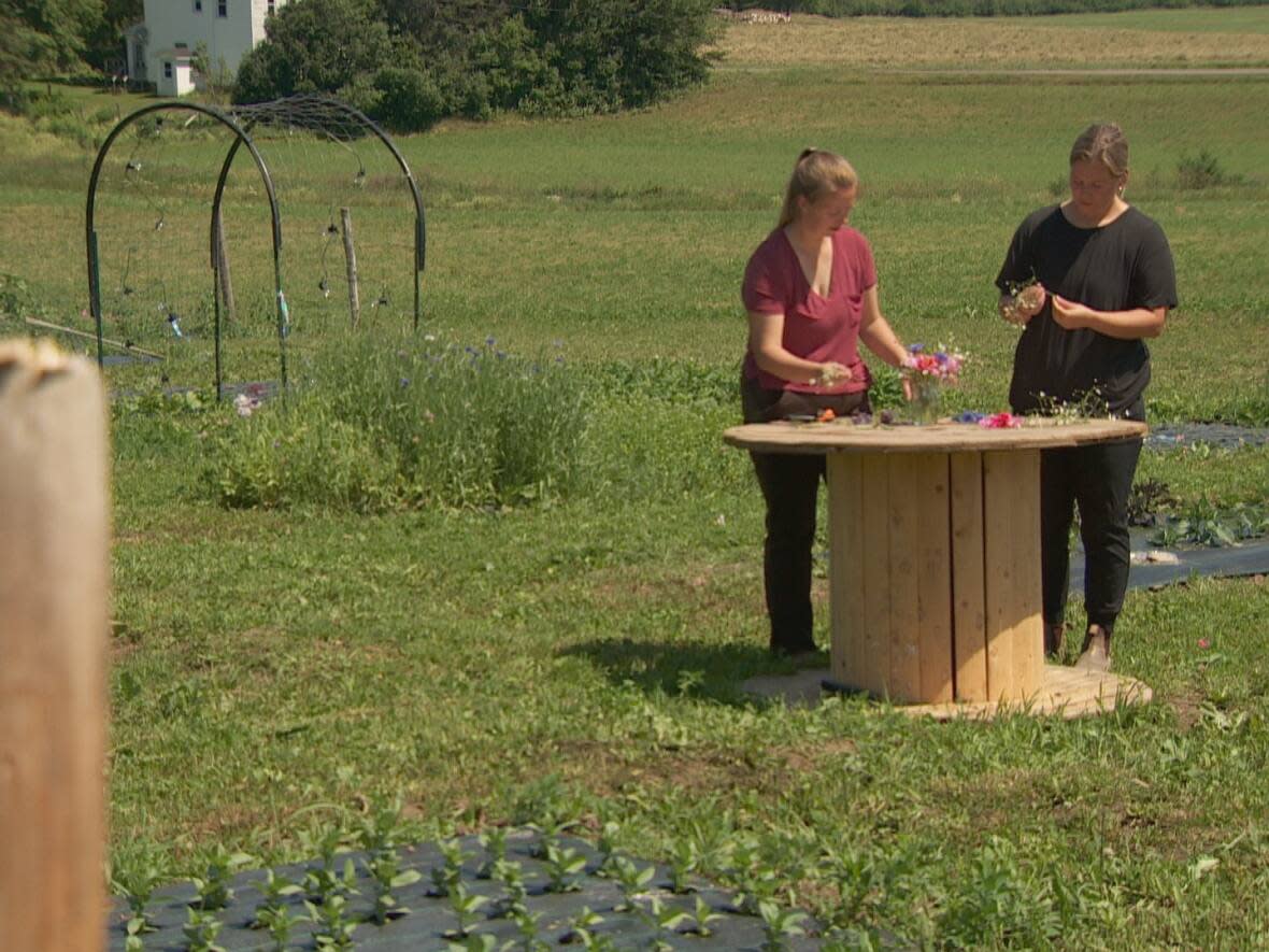 Sisters Ellen Folkins and Sophia Sharp arrange a bouquet on their farm in Lower Millstream. (Mike Heenan/CBC - image credit)