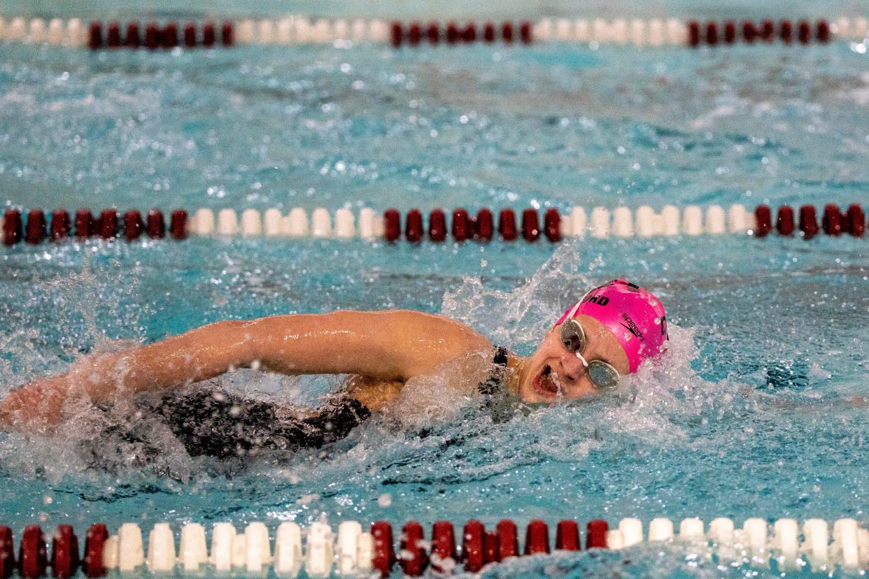 Jan 17, 2024; Morristown, NJ, USA; Chatham goes up against Morristown in a Southern 2 swim meet at Morristown High School pool on Wednesday. Chatham's Madeline Crawford is shown during the girls 200-meter freestyle.