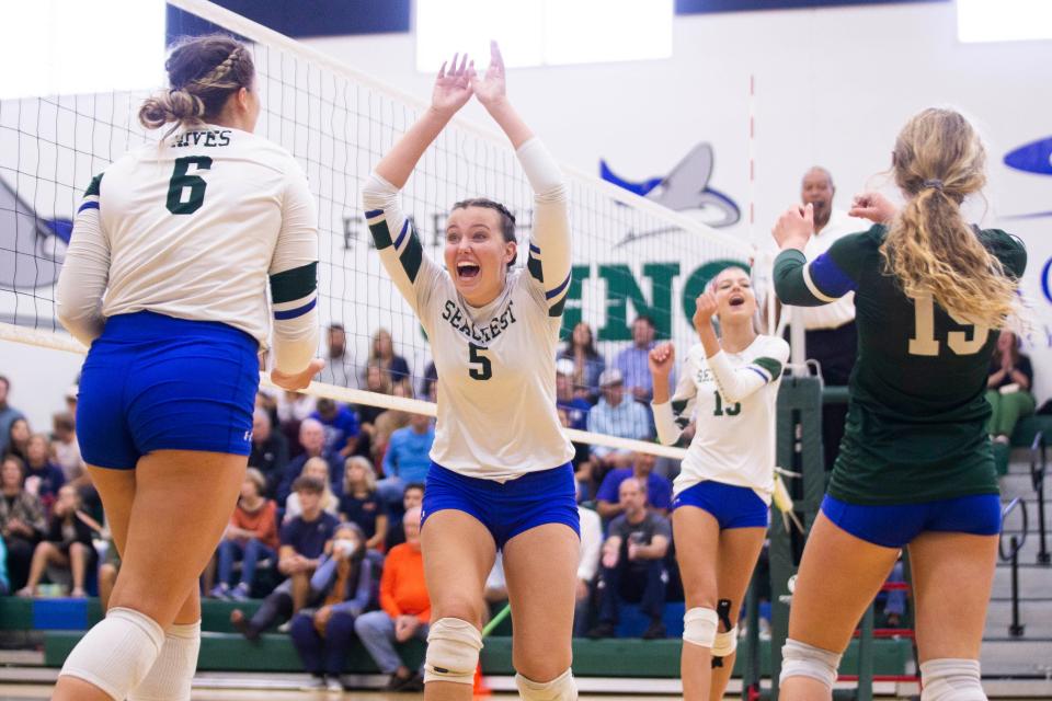 Seacrest Country Day School's Isabelle Soderlund (5) celebrates after a play during the Bradenton Christian and Seacrest Country Day School volleyball 2A regional final on Saturday, Nov. 6, 2021 at Seacrest Country Day School in Naples, Fla. 