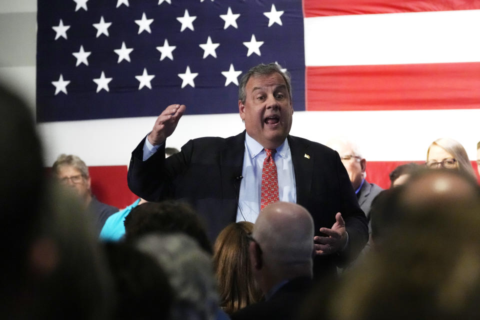 Republican Presidential candidate former, New Jersey Gov. Chris Christie addresses a gathering, Tuesday, June 6, 2023, in Manchester, N.H. Christie filed paperwork Tuesday formally launching his bid for the Republican nomination for president after casting himself as the only candidate willing to directly take on former President Donald Trump. (AP Photo/Charles Krupa)