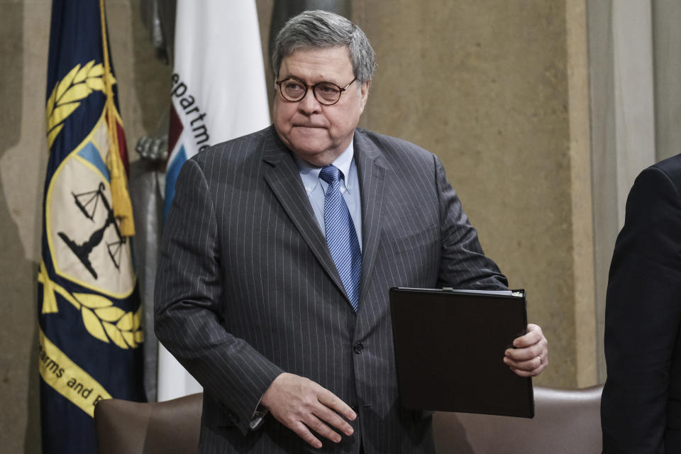 FILE - In this Jan. 22, 2020, file photo, Attorney General William Barr arrives for an ceremony at the Department of Justice in Washington, to announce the establishment of the Presidential Commission on Law Enforcement and the Administration of Justice, and its commissioners. Barr has told people close to him he’s considering quitting his post after President Donald Trump wouldn’t heed his warning to stop tweeting about Justice Department cases. (AP Photo/Michael A. McCoy, File)