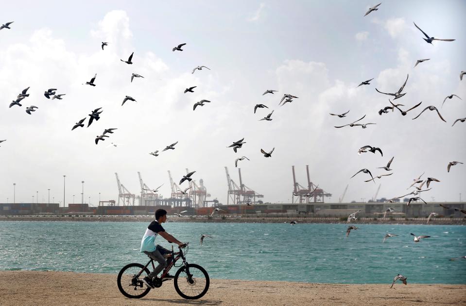 Seagulls fly as a man rides his bicycle in front of the Port on the Red Sea, in Jiddah, Saudi Arabia, Sunday, Dec. 27, 2020. 