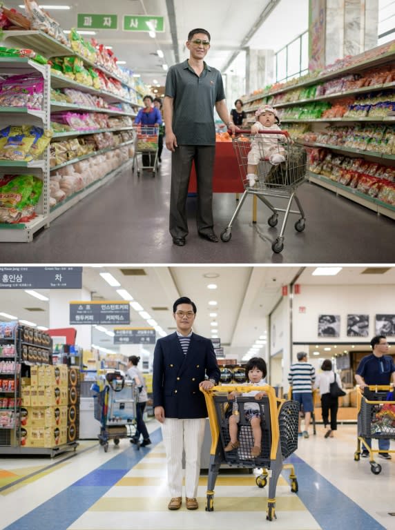 Han Gwang Rim and his daughter Su Ryon (top) at a supermarket in Pyongyang, and Hong Sung-cho (bottom) with son Hong Jinu at a supermarket in Bundang near Seoul