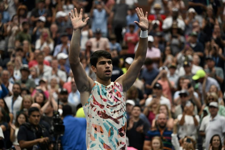 Spain's Carlos Alcaraz reacts after booking his place in the US Open quarter-finals with a straight sets win over Matteo Arnaldi (Ed JONES)