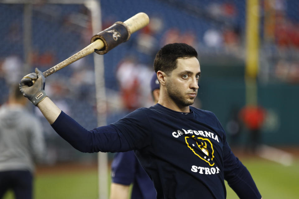 FILE - This Oct. 1, 2019, file photo shows Milwaukee Brewers' Ryan Braun during batting practice before a National League wild card baseball game against the Washington Nationals, in Washington. The minute word leaked that the designated hitter was coming to the National League this season, fans and front offices alike began pinpointing the perfect candidates. (AP Photo/Patrick Semansky, File)