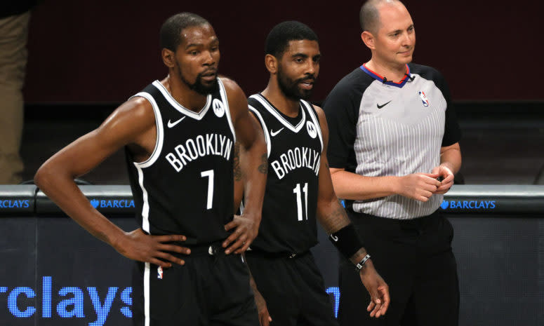 NBA stars Kevin Durant and Kyrie Irving take the court for the Brooklyn Nets.