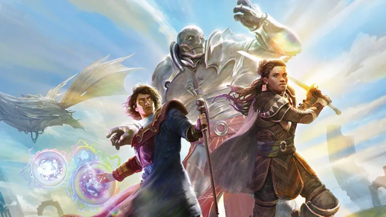 The silver golem Karn and his planeswalker allies from Dominaria United key visual