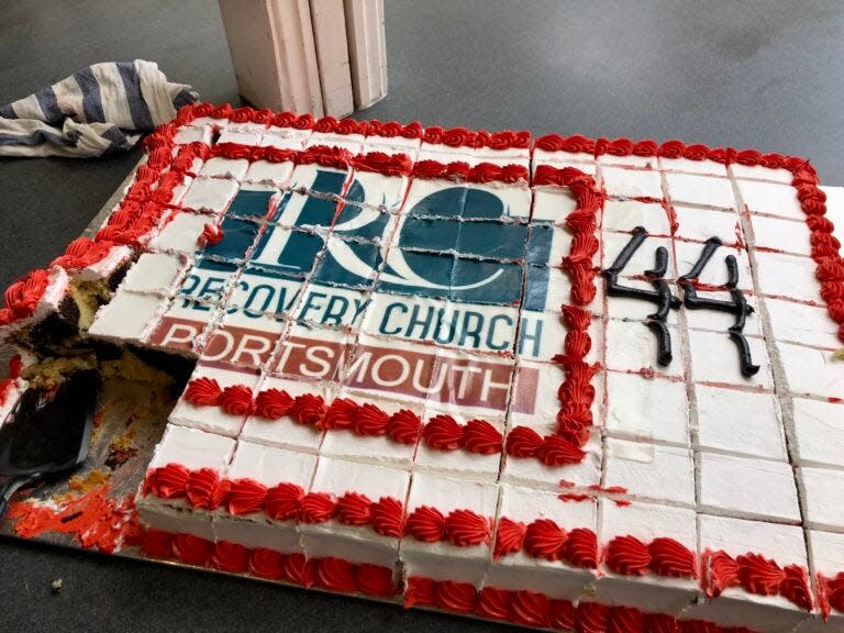 A celebratory cake marking the 44th location of the Recovery Church Movement, in Portsmouth.