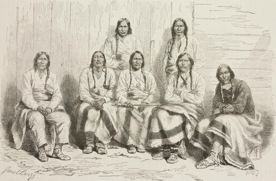 The seven great Cheyenne and Arapaho chiefs in Denver in 1863 to negotiate with the governor of Colorado.
