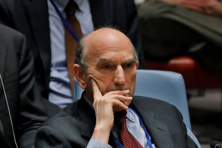 FILE PHOTO: United States diplomat Elliott Abrams listens during a meeting of the U.N. Security Council called to vote on a U.S. draft resolution calling for free and fair presidential elections in Venezuela at U.N. headquarters in New York, U.S., February 28, 2019. REUTERS/Lucas Jackson/File Photo