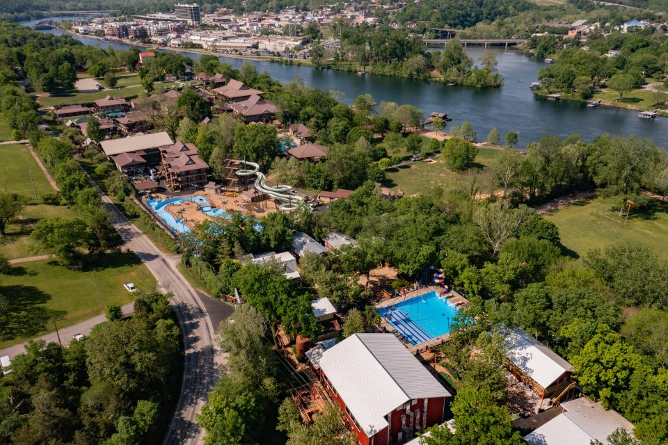 An aerial view of Kanakuk's K-Kountry and K-Kauai facilities, with Branson Landing in the background.