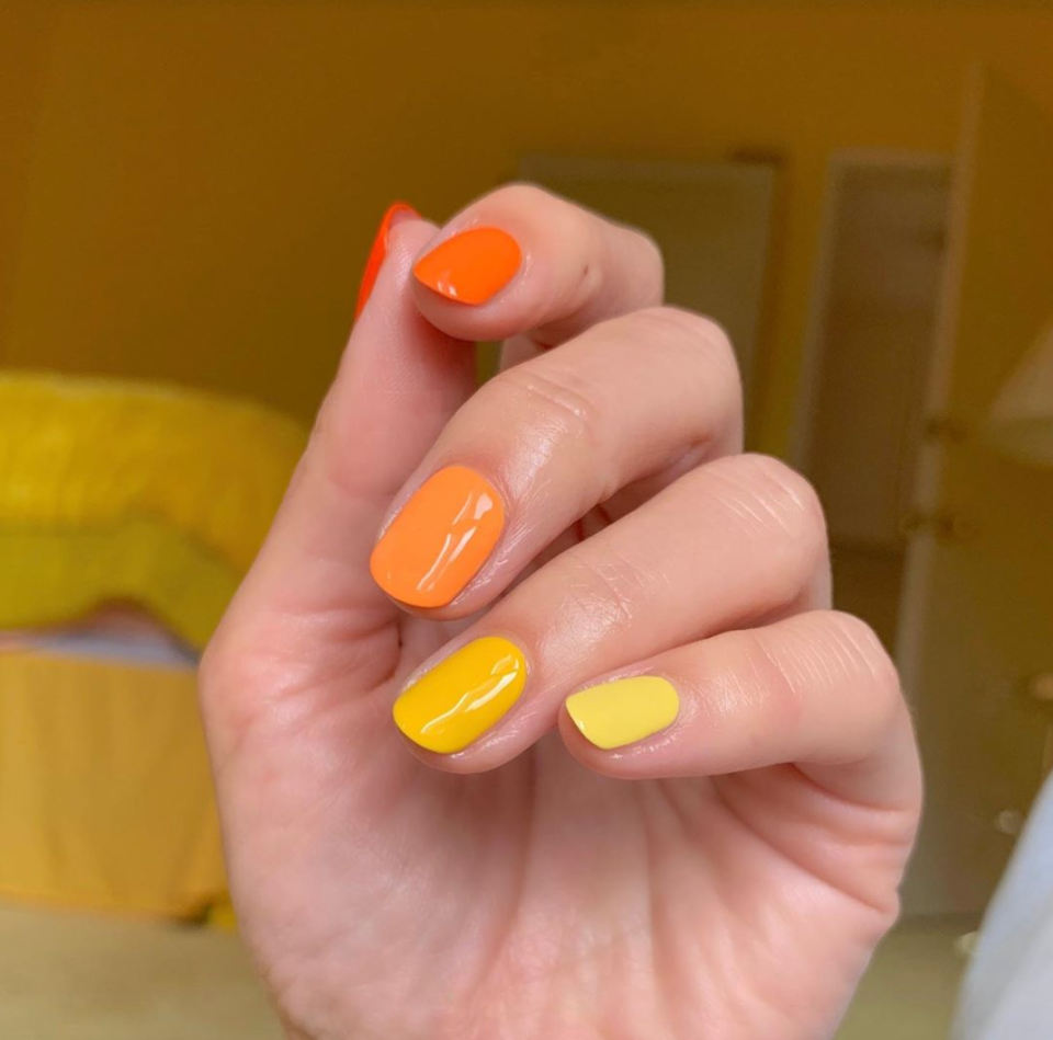 <a href="https://www.glamour.com/gallery/mismatched-nail-art-ideas?mbid=synd_yahoo_rss" rel="nofollow noopener" target="_blank" data-ylk="slk:Skittles nails;elm:context_link;itc:0;sec:content-canvas" class="link ">Skittles nails</a> are still going strong. This lets you get in on the trend while still nodding to the holiday. Plus, it's about as easy to DIY as nail art comes.