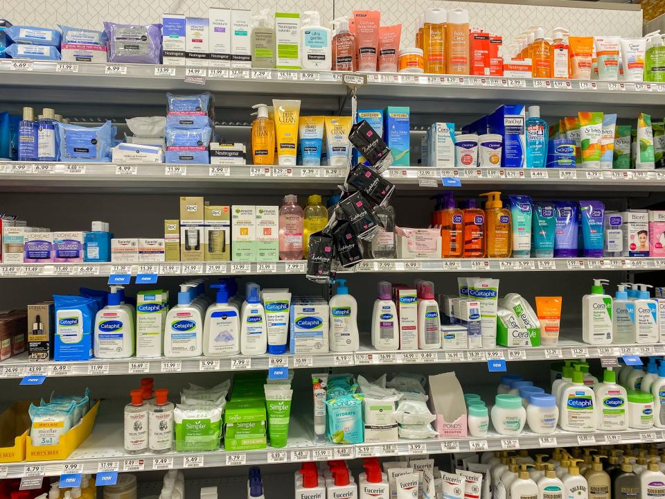 a variety of facial cleaning products are seen on shelves inside a Publix in Florida