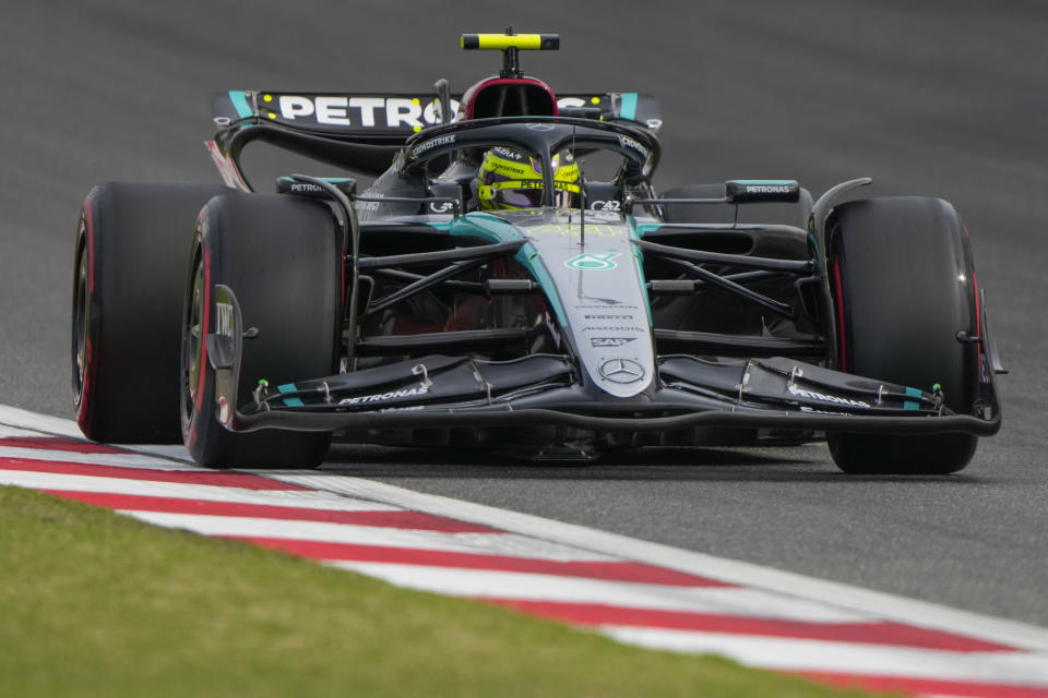 Mercedes driver Lewis Hamilton of Britain steers his car during qualifying at the Chinese Formula One Grand Prix at the Shanghai International Circuit, Shanghai, China, Saturday, April 20, 2024. (AP Photo/Andy Wong)