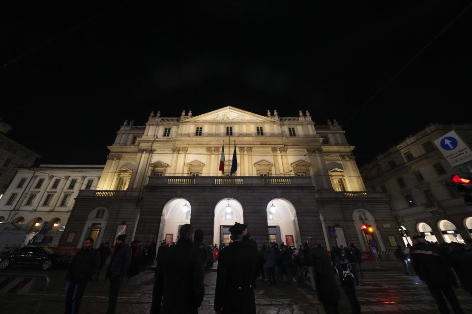 A general view of La Scala theater during the season opener, Giuseppe Verdi's opera 'Don Carlo' at the Milan, Italy, Thursday Dec. 7, 2023. The season-opener Thursday, held each year on the Milan feast day St. Ambrose, is considered one of the highlights of the European cultural calendar. (AP Photo/Luca Bruno)