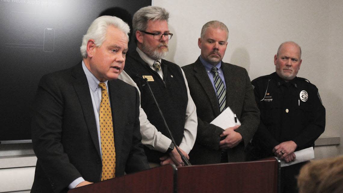 The Moscow Police Department, Idaho State Police and University of Idaho addressed news media on Wednesday, Nov. 16, 2022, for the first time since the mass stabbings on Sunday, Nov. 13. From left: U of I President Scott Green, Dean of Students Blaine Eckles, Provost and Executive Vice President Torrey Lawrence, and Moscow Police Chief James Fry.