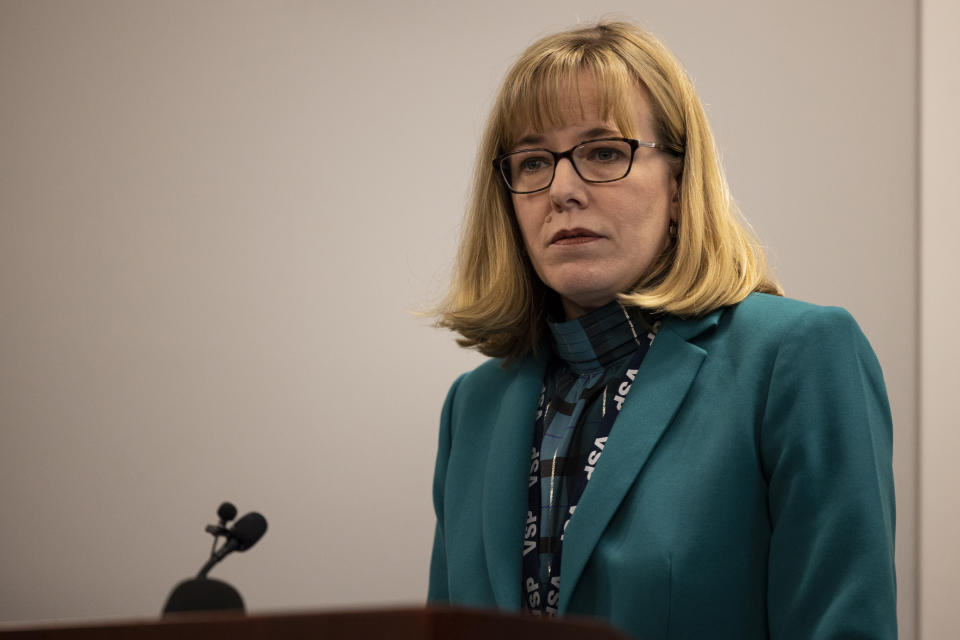 Corinne Geller, Virginia State Police spokesperson, speaks during a press conference in Suffolk, Virginia, on Jan. 8, 2024, regarding the colonial parkway murders of the 1980's. Alan Wade Wilmer Sr., who died in December 2017, was identified as the main suspect in three of the homicides. (Billy Schuerman/The Virginian-Pilot via AP)