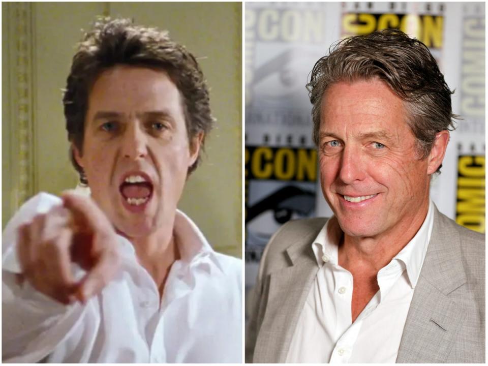 Hugh Grant in ‘Love Actually’ and in 2022 (Universal, Getty)