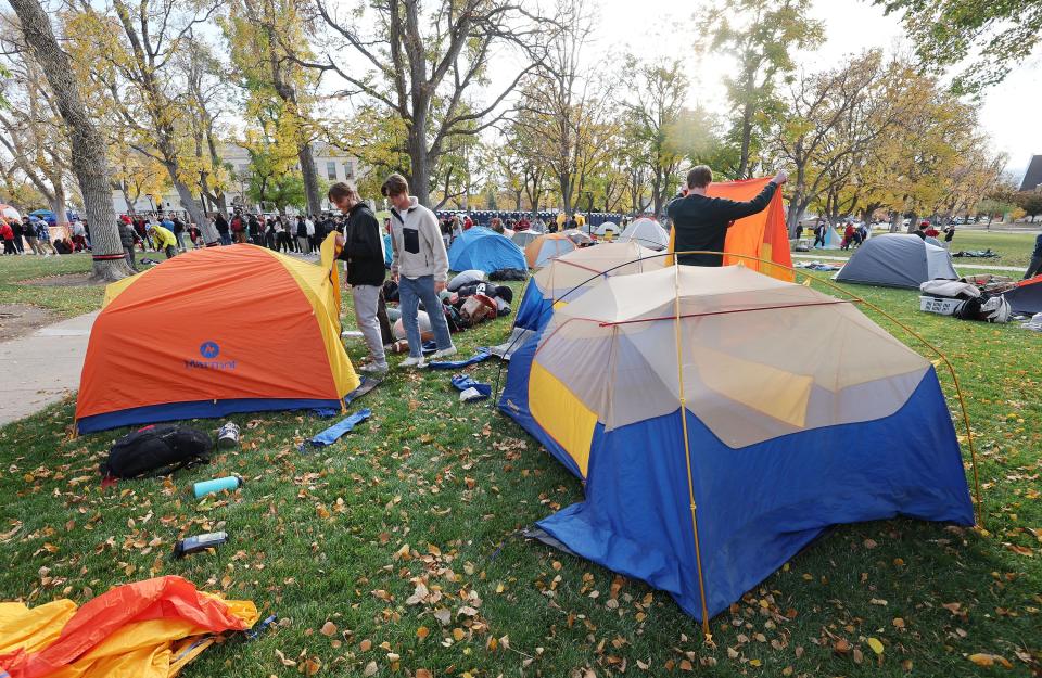 University of Utah students camp out on Presidents Circle for the “College GameDay” broadcast in Salt Lake City on Friday, Oct. 27, 2023. | Jeffrey D. Allred, Deseret News