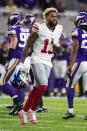 Oct 3, 2016; Minneapolis, MN, USA; New York Giants wide receiver Odell Beckham Jr. (13) argues a call during the second quarter against the Minnesota Vikings at U.S. Bank Stadium. Mandatory Credit: Brace Hemmelgarn-USA TODAY Sports