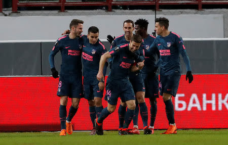 Soccer Football - Europa League Round of 16 Second Leg - Lokomotiv Moscow vs Atletico Madrid - RZD Arena, Moscow, Russia - March 15, 2018 Atletico Madrid's Saul Niguez celebrates scoring their second goal with teammates REUTERS/Sergei Karpukhin