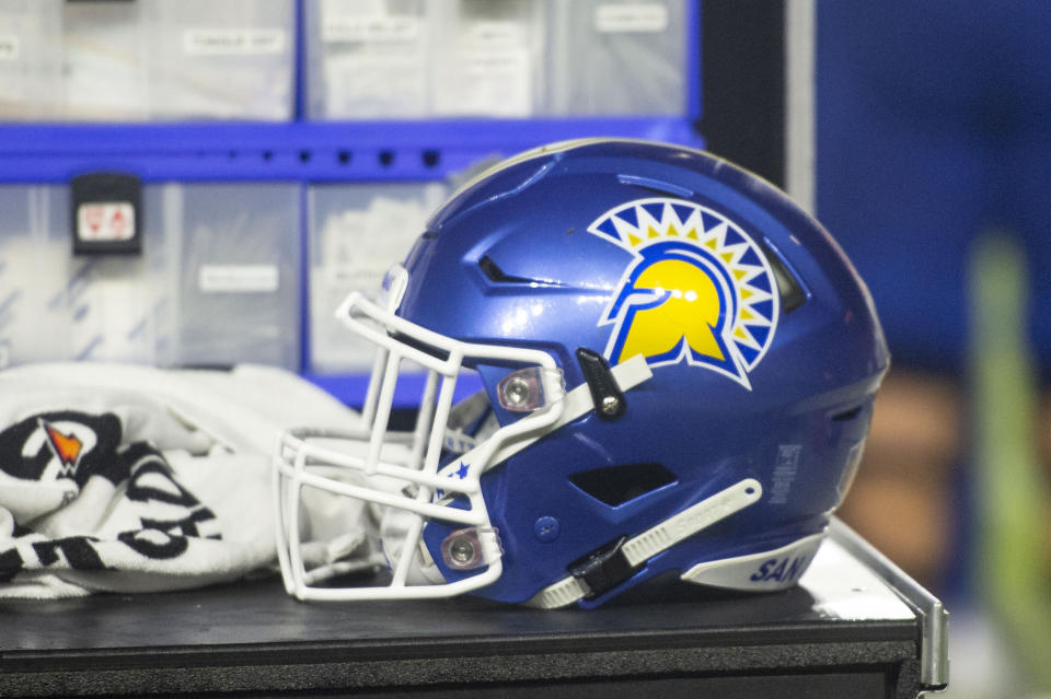 AUBURN, ALABAMA - SEPTEMBER 10: General view of the San Jose State Spartans helmet during their game against the Auburn Tigers at Jordan-Hare Stadium on September 10, 2022 in Auburn, Alabama. (Photo by Michael Chang/Getty Images)