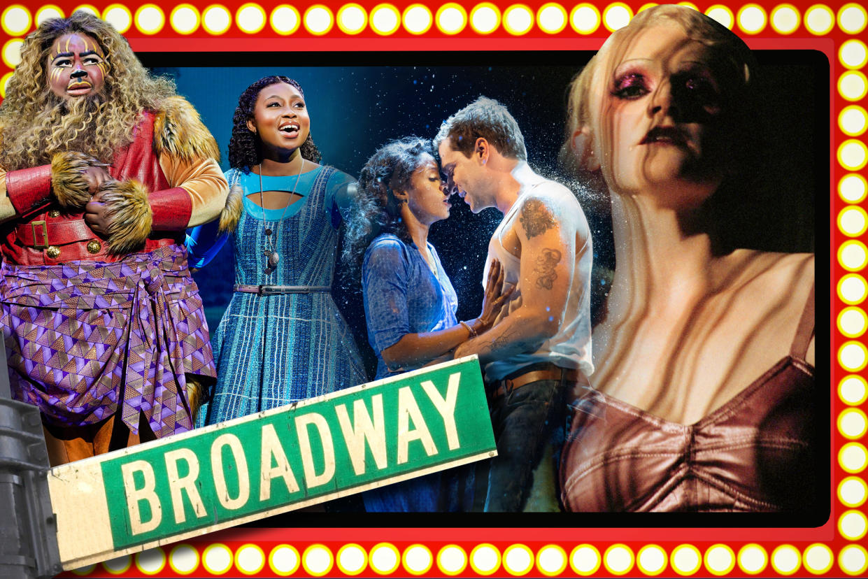 a collage of Broadway shows including Cabaret, The Wiz and the Notebook.