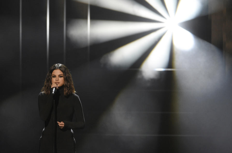 FILE - In this Nov. 24, 2019 file photo, Selena Gomez performs a medley at the American Music Awards in Los Angeles. Gomez turns 28 on July 22. (Photo by Chris Pizzello/Invision/AP, File)