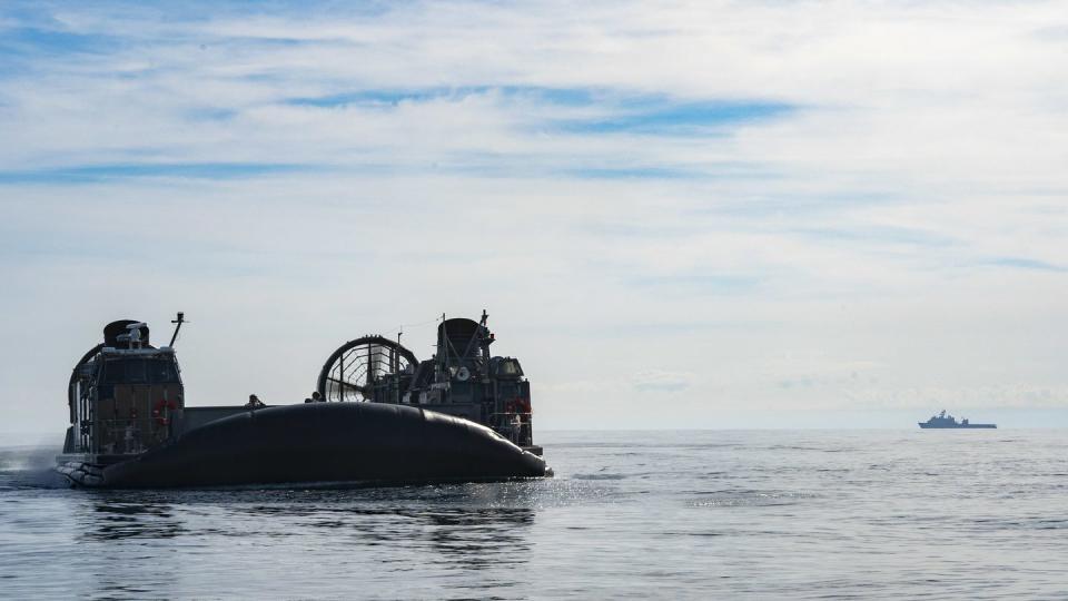 Sailors operate landing craft air cushions during recovery efforts of a high-altitude balloon in the Atlantic Ocean, Feb. 8, 2023. (MCS1 Ryan Seelbach/Navy)