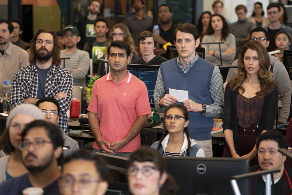 (Standing, left to right) Martin Starr, Kumail Nanjiani, Zach Woods and Amanda Crew as Gilfoyle, Dinesh, Jared Dunn and Monica in season 6, episode 1 of "Silicon Valley". (Photo: HBO)