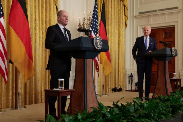 German Chancellor Olaf Scholz speaks during a joint news conference with U.S. President Joe Biden in the East Room of the White House on Feb. 7 in Washington, D.C. (Photo: Anna Moneymaker via Getty Images)