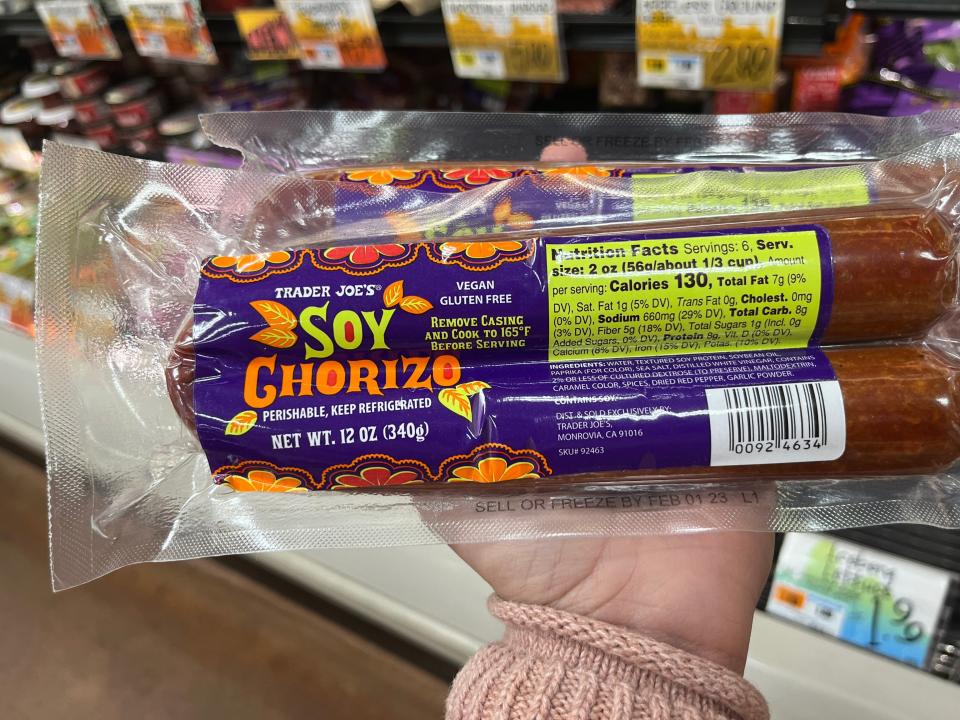 The writer holds Trader Joe's soy chorizo