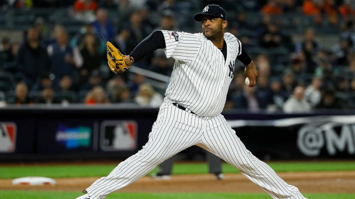 Mandatory Credit: Photo by Matt Slocum/AP/Shutterstock (10448999cm)New York Yankees pitcher CC Sabathia throws against the Houston Astros during the eighth inning in Game 4 of baseball's American League Championship Series, in New YorkALCS Astros Yankees Baseball, New York, USA - 17 Oct 2019.