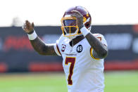 Washington Football Team quarterback Dwayne Haskins celebrates after a 2-yard rushing touchdown by running back Antonio Gibson during the second half of an NFL football game against the Cleveland Browns, Sunday, Sept. 27, 2020, in Cleveland. (AP Photo/David Richard)