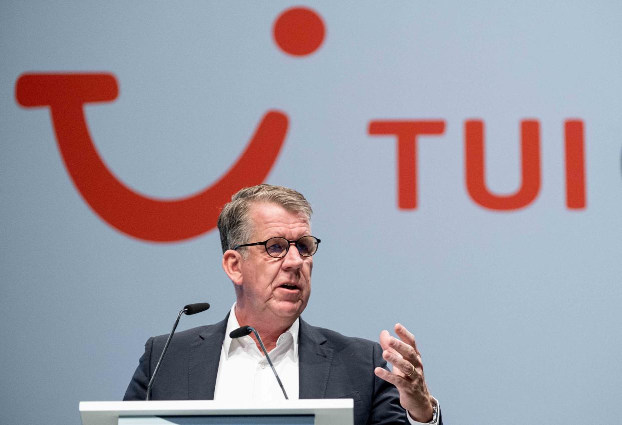 11 February 2020, Lower Saxony, Hanover: Friedrich Joussen, CEO of the Tui Group, speaks at the Tui Group's annual general meeting. The world's largest travel group Tui presented its business figures for the first quarter. Photo: Peter Steffen/dpa (Photo by Peter Steffen/picture alliance via Getty Images)