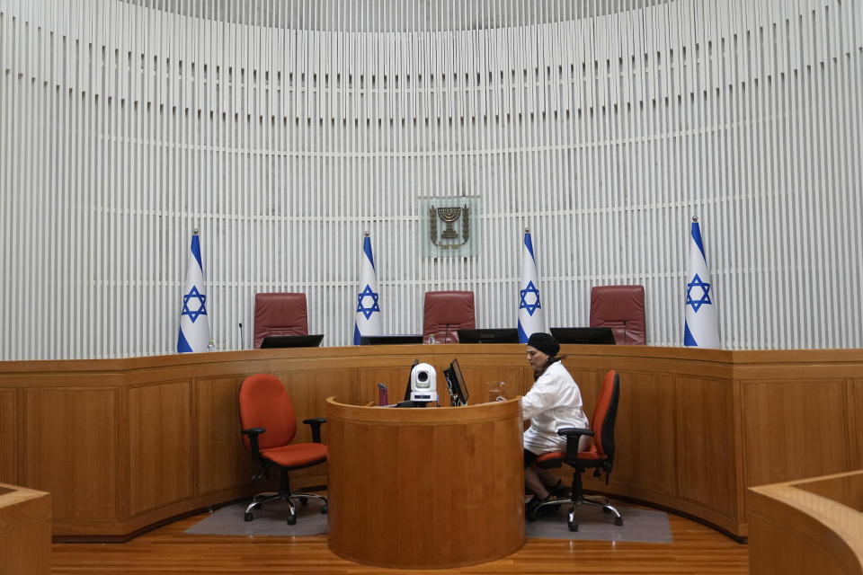 The justices' bench in the Supreme Court of Israel, is seen ahead of a hearing on a petition against a law that limits removal of a prime minister from office to medical and mental incapacitation, which makes forcing Prime Minister Benjamin Netanyahu from office over a conflict of interest while on trial for corruption more difficult, in Jerusalem, Thursday, Aug. 3, 2023. (AP Photo/Ohad Zwigenberg)