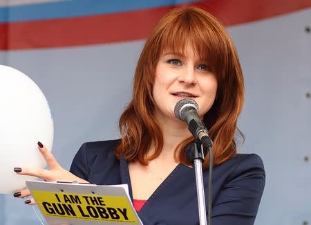 Maria Butina delivers a speech during a rally in Russia. Press Service of Civic Chamber of the Russian Federation/via REUTERS