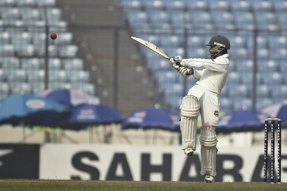 Bangladesh's Mominul Haque plays a shot on the fourth day of their first test cricket match against Sri Lanka in Dhaka, Bangladesh, Thursday, Jan. 30, 2014. (AP Photo/A.M. Ahad)