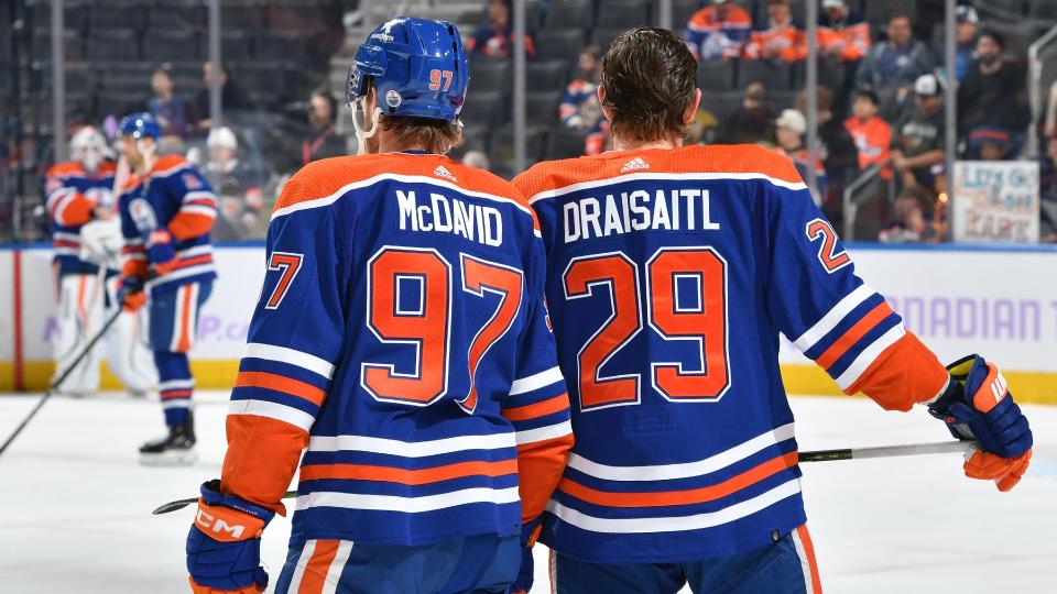 EDMONTON, CANADA - NOVEMBER 28: Connor McDavid #97 and Leon Draisaitl #29 of the Edmonton Oilers participate in warm ups before the game against the Vegas Golden Knights at Rogers Place on November 28, 2023, in Edmonton, Alberta, Canada. (Photo by Andy Devlin/NHLI via Getty Images)