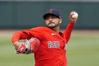 Boston Red Sox pitcher Martin Perez delivers in the second inning of a spring training baseball game against the Atlanta Braves Saturday, March 20, 2021, in North Port, Fla. (AP Photo/John Bazemore)