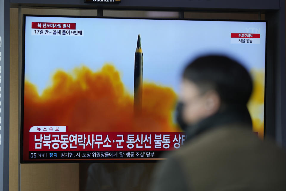 A TV screen is seen reporting North Korea's missile launch with file footage during a news program at the Seoul Railway Station in Seoul, South Korea, Thursday, April 13, 2023. North Korea launched a ballistic missile that landed in the waters between the Korean Peninsula and Japan on Thursday, prompting Japan to order residents on an island to take shelter as a precaution. The order has been lifted. (AP Photo/Lee Jin-man)