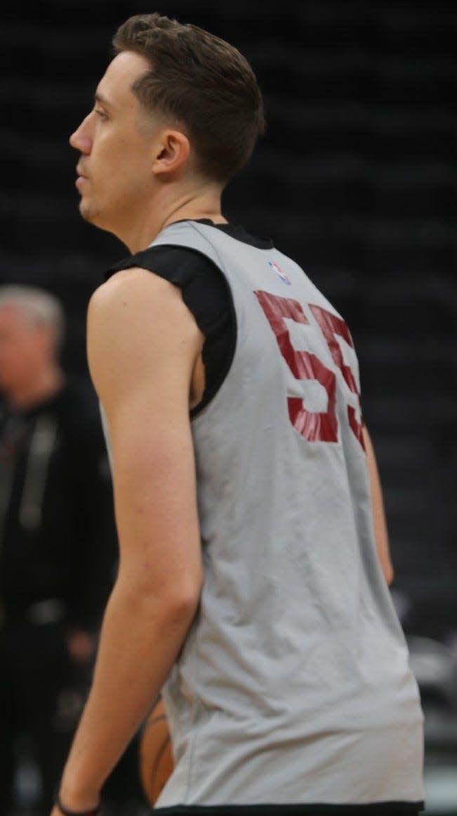 Miami Heat guard Duncan Robinson, a New Castle native, gets ready to practice Tuesday morning at TD Garden ahead of Wednesday's Game 2 of the NBA Eastern Conference first-round matchup with the Boston Celtics.