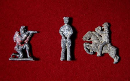 Victorian lead figures excavated from the River Thames by mudlark Jason Sandy are displayed at his home in London, Britain June 01, 2016. REUTERS/Neil Hall
