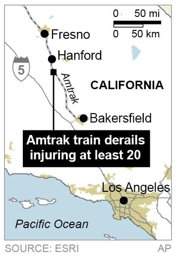 Map locates Amtrak derailment in Hanford California.