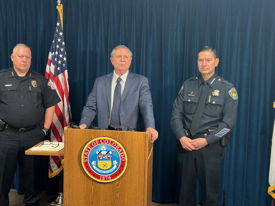 DA Jeff Chostner, Police Chief Chris Noeller and Sheriff David Lucero address a decrease in crime on Feb. 26, 2024